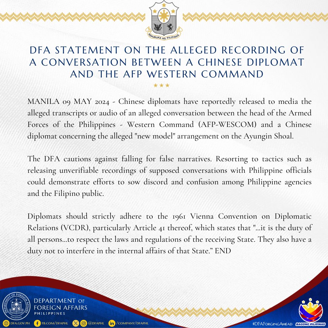 DFA Statement on the alleged recording of a conversation between a Chinese Diplomat and the AFP Western Command